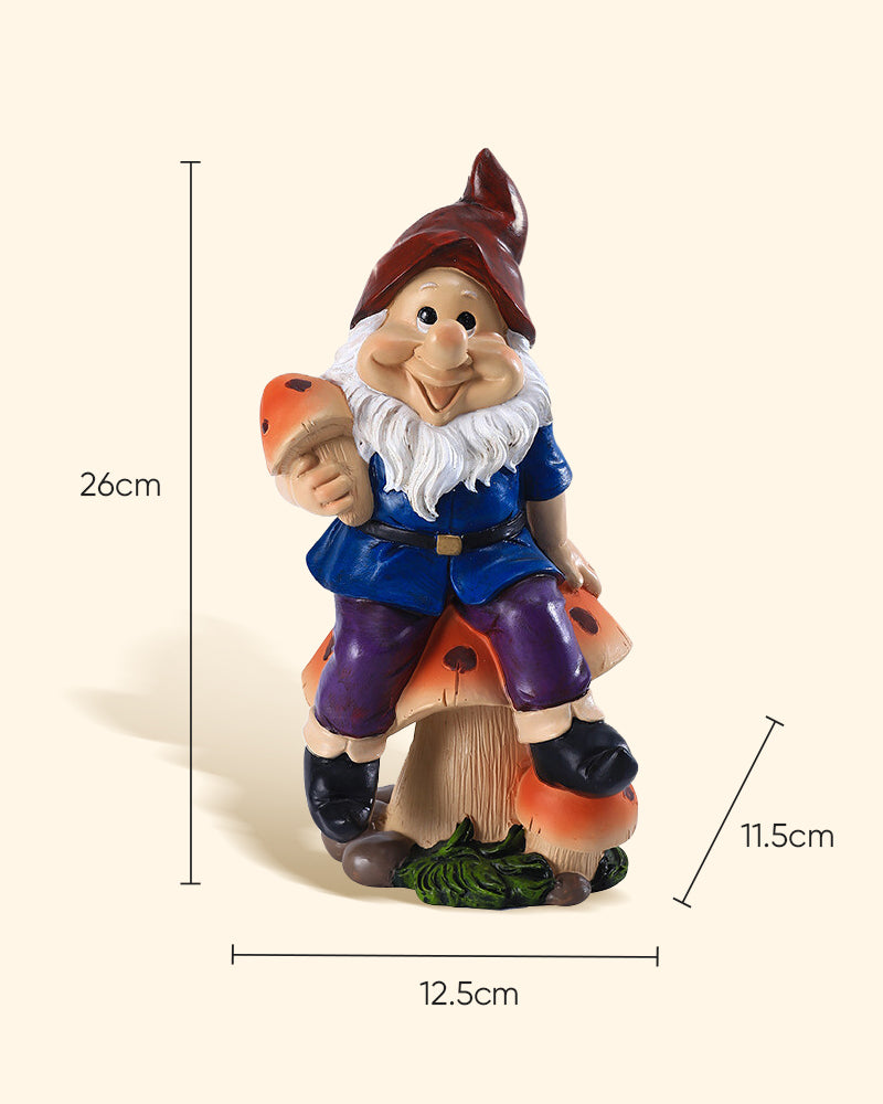 Statue de Gnome heureux en polyrésine sur champignon