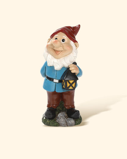 Joyful Red Hat Garden Gnome Statue with Lantern
