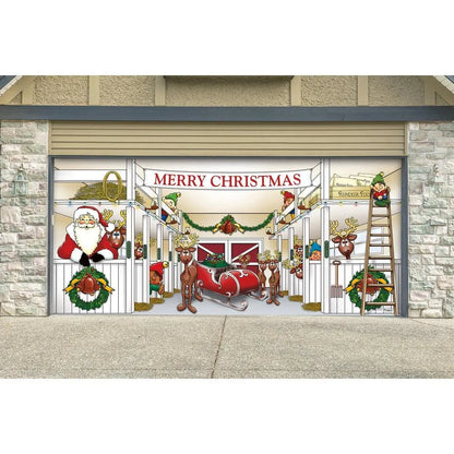 7 ft. x 16 ft. Huge Santa's Reindeer Barn Christmas Garage Door Decor  for Double Car Garage