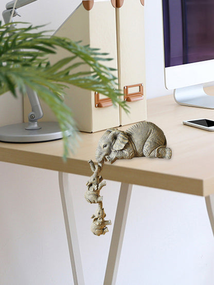 Elephant Mothers Hanging 2-Babies Figurine Animal Resin Craft Ornaments