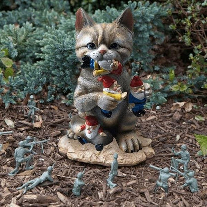 Ornement De Jardin Chat/Dinosaure Mangeant Des Gnomes 
