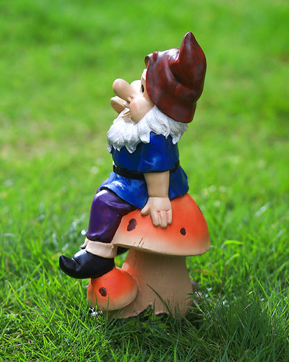 Polyresin Happy Gnome on Mushroom Statue
