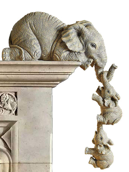 Elephant Mothers Hanging 2-Babies Figurine Animal Resin Craft Ornaments